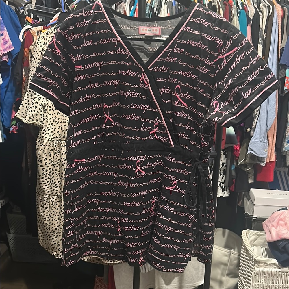 Black and Pink breast cancer awareness scrub top with Text Design